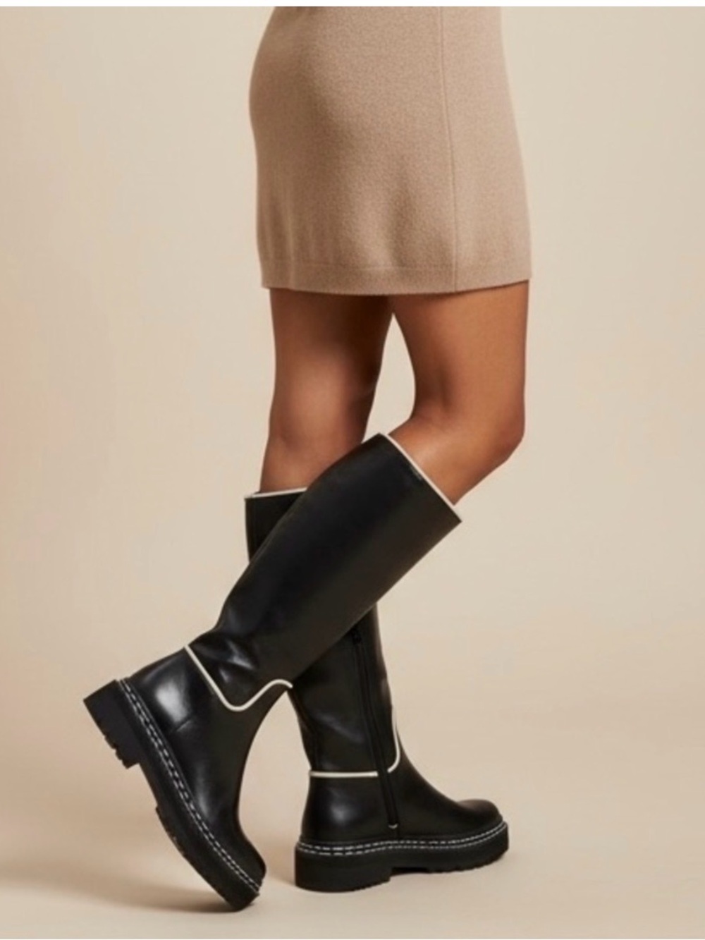 ANTONIO MELANI x Courtney Grow Black Knee-High Boots with White Trim
